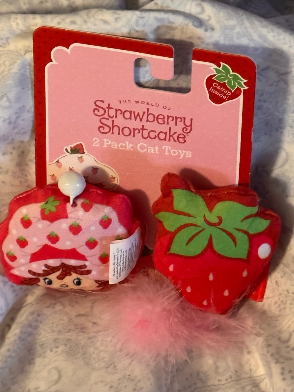 Strawberry Shortcake Cat Toy Duo - Pink & Red Plush with Pom & Bell